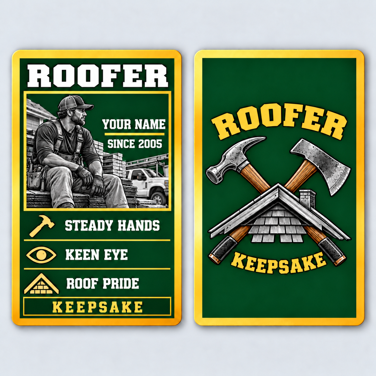 Front and reverse views of the Roofer Trade Legend Collectible aluminum wallet card, showing its trade-themed printed artwork.