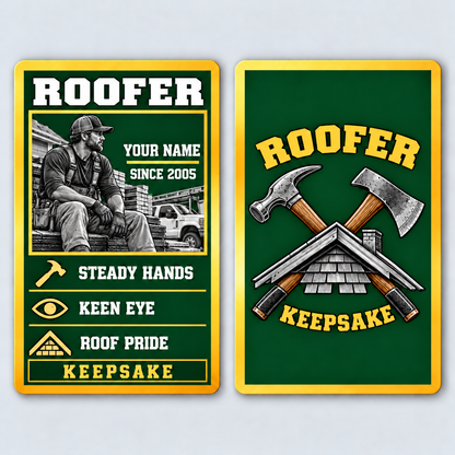 Front and reverse views of the Roofer Trade Legend Collectible aluminum wallet card, showing its trade-themed printed artwork.