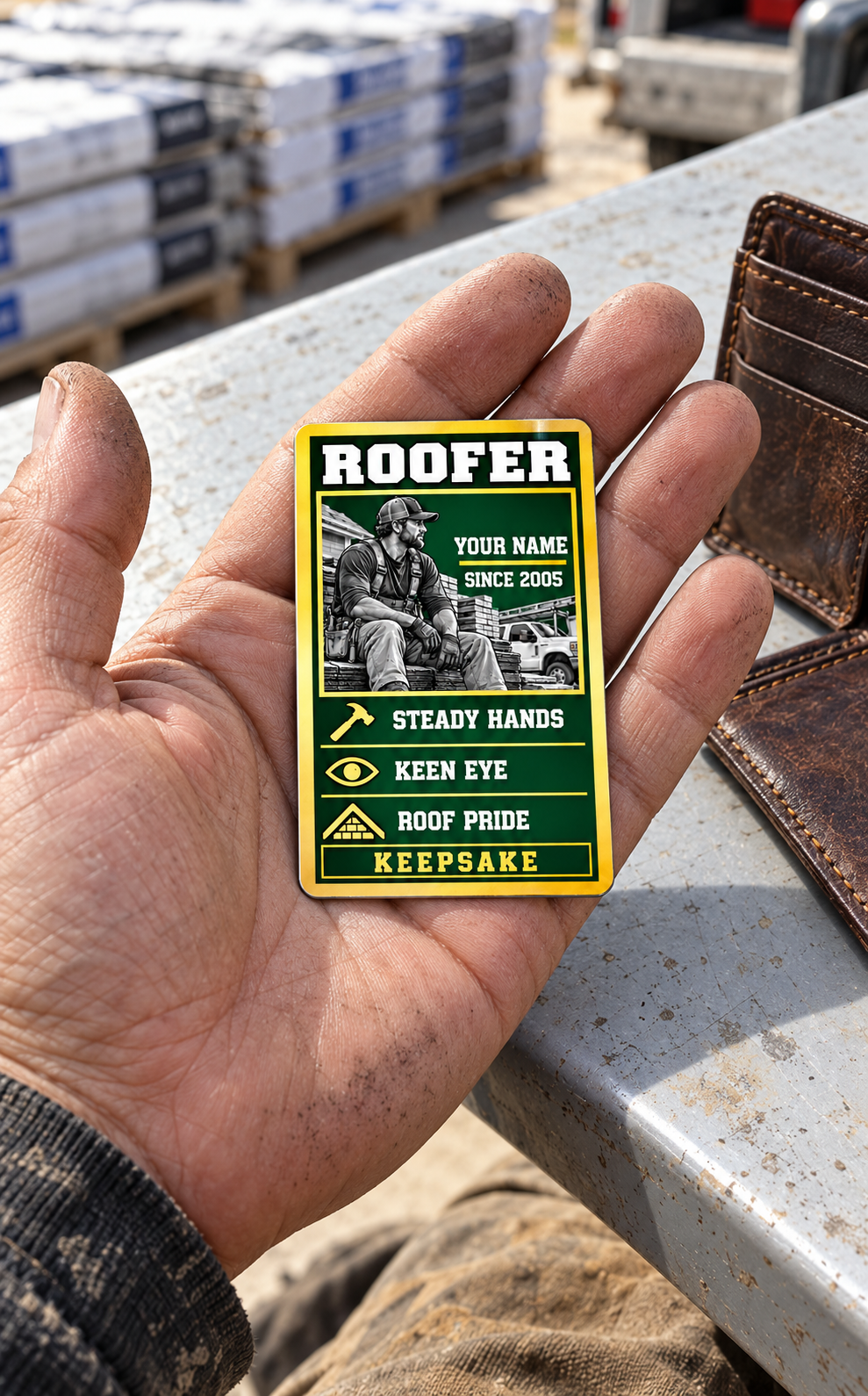 The printed front of the Roofer Trade Legend Collectible aluminum wallet card shown in an occupational lifestyle setting with an adult worker.