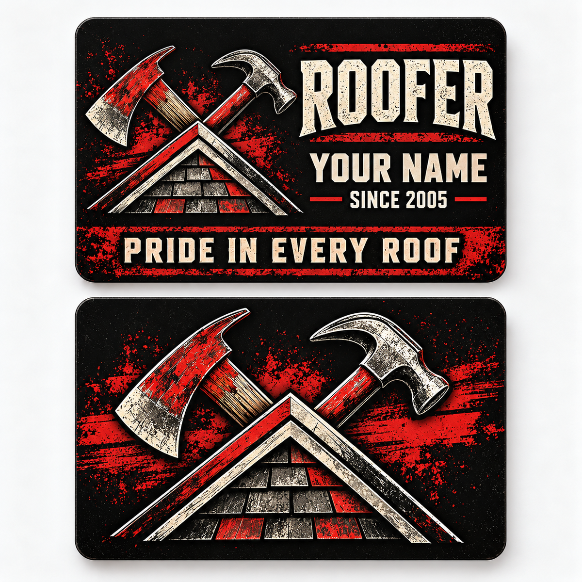Front and reverse views of the Roofer Midnight Trade Pride aluminum wallet card, showing its trade-themed printed artwork.