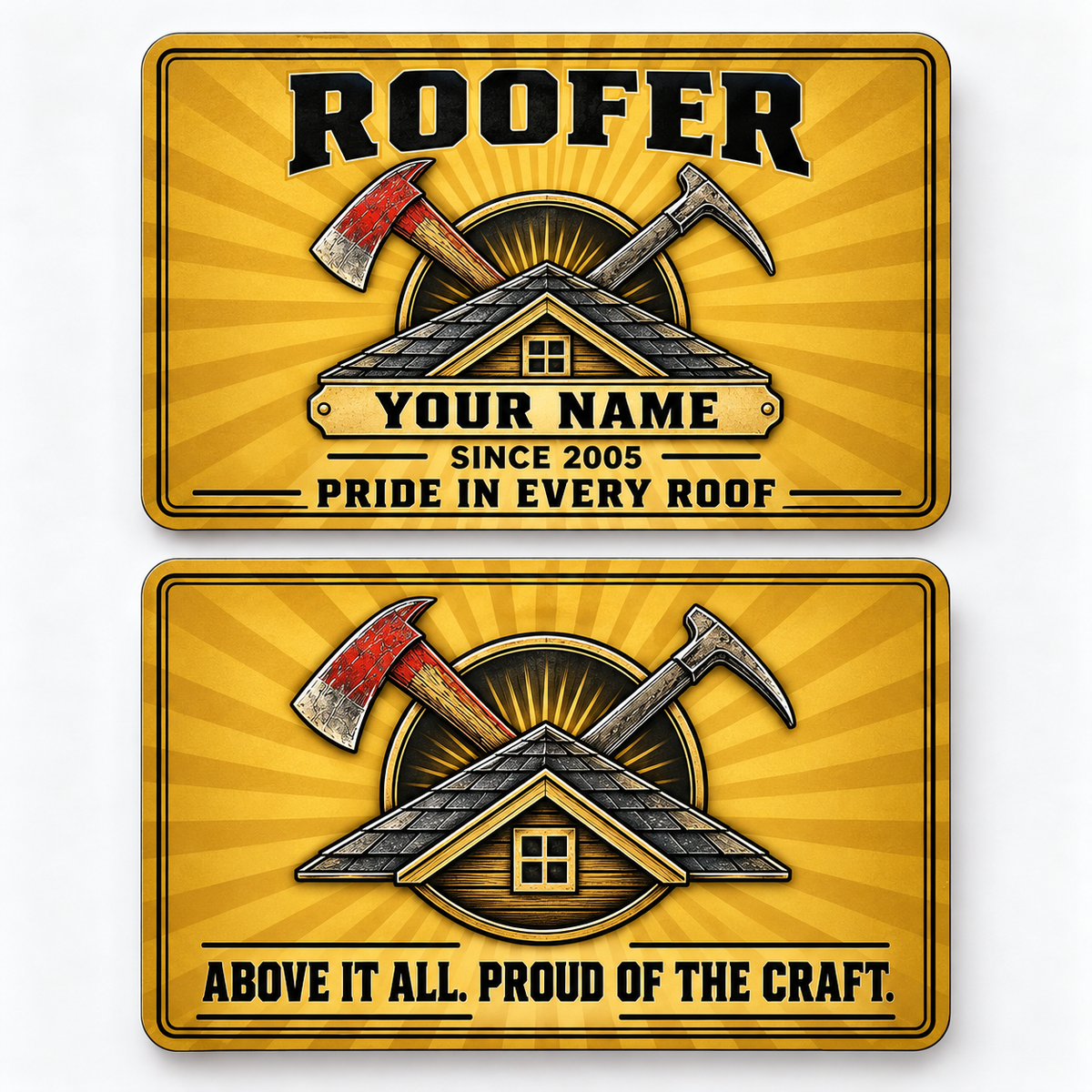 Front and reverse views of the Roofer Golden Milestone aluminum wallet card, showing its trade-themed printed artwork.