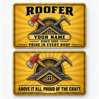 Front and reverse views of the Roofer Golden Milestone aluminum wallet card, showing its trade-themed printed artwork.