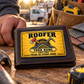 The printed front of the Roofer Golden Milestone aluminum wallet card shown in an occupational lifestyle setting with an adult worker.