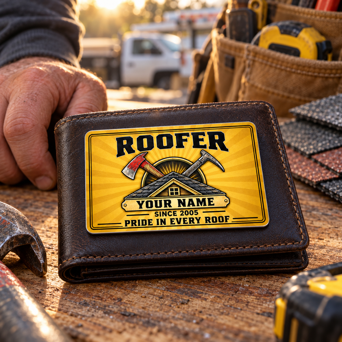 The printed front of the Roofer Golden Milestone aluminum wallet card shown in an occupational lifestyle setting with an adult worker.