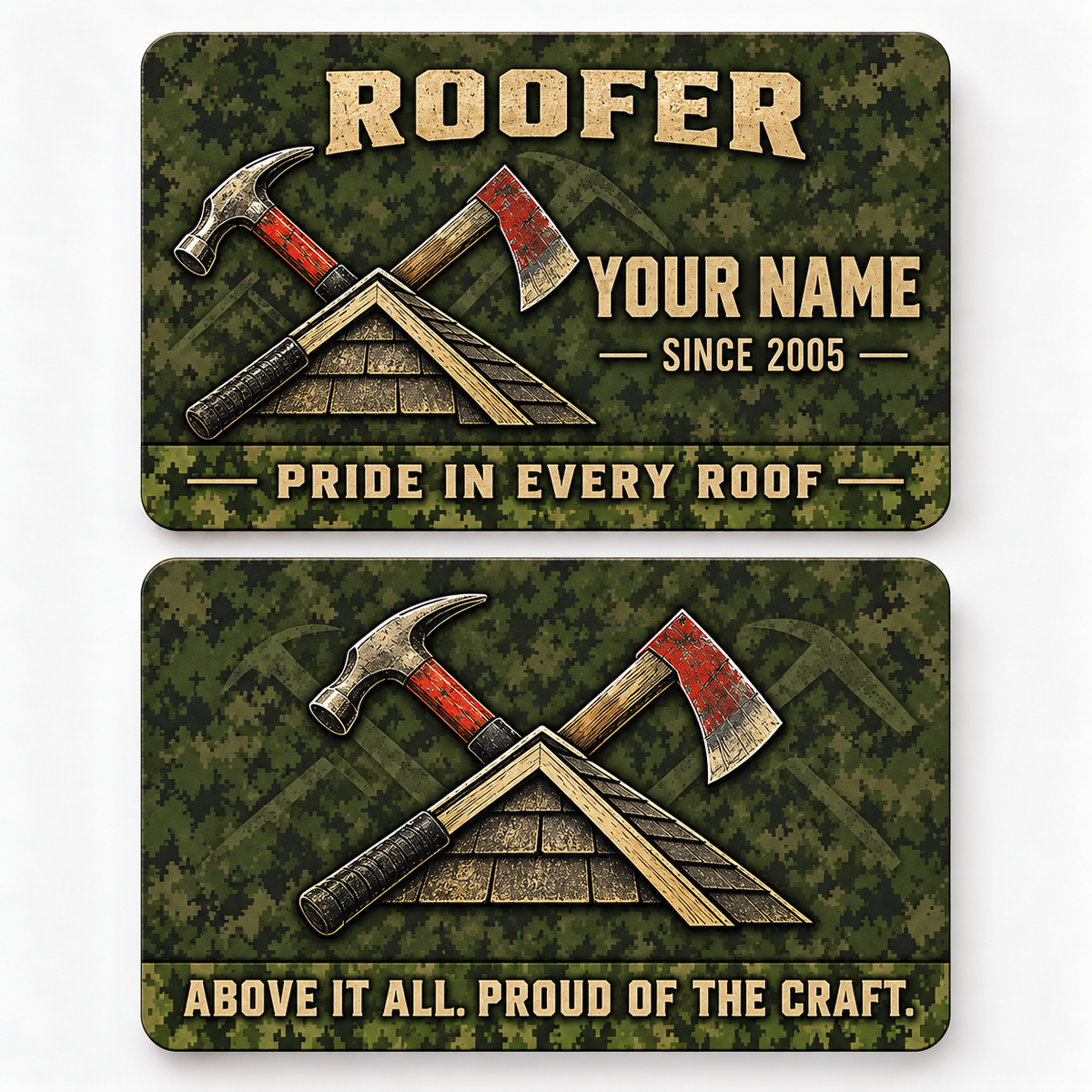 Front and reverse views of the Roofer Rugged Field Pride aluminum wallet card, showing its trade-themed printed artwork.