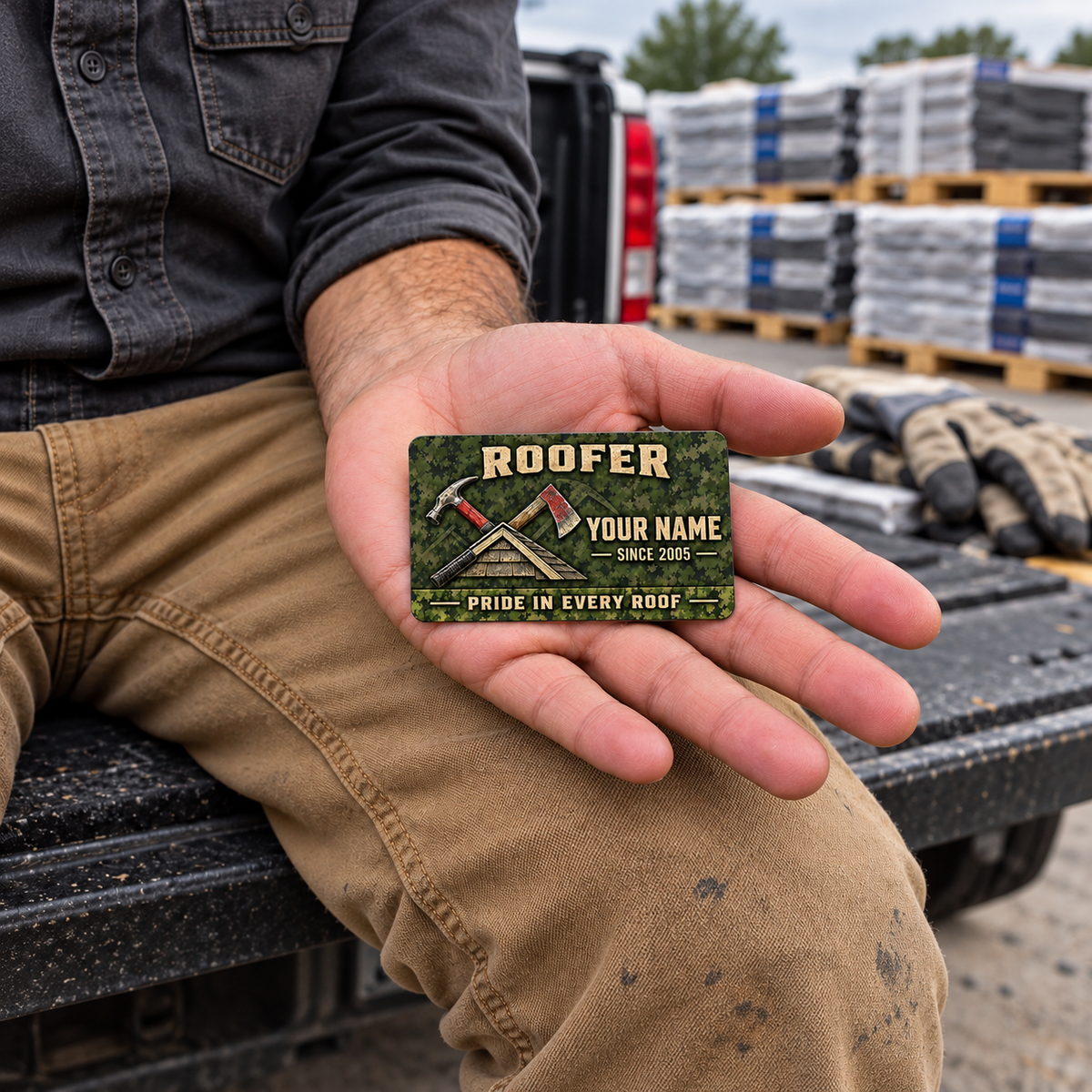 The printed front of the Roofer Rugged Field Pride aluminum wallet card shown in an occupational lifestyle setting with an adult worker.