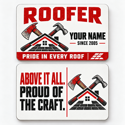 Front and reverse views of the Roofer Signature Modern aluminum wallet card, showing its trade-themed printed artwork.