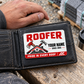 The printed front of the Roofer Signature Modern aluminum wallet card shown in an occupational lifestyle setting with an adult worker.