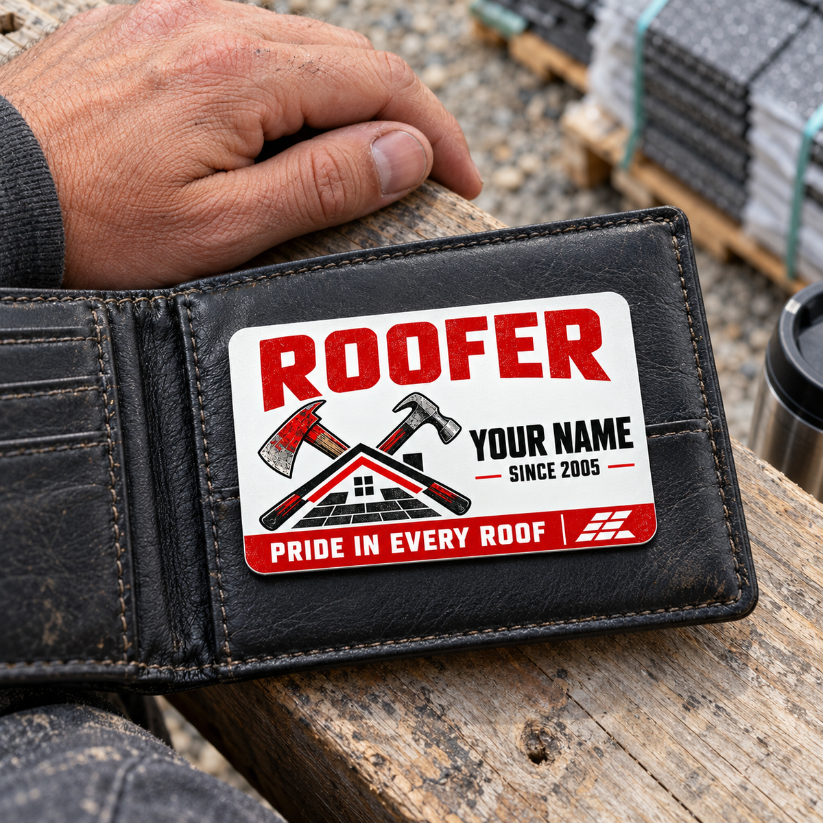 The printed front of the Roofer Signature Modern aluminum wallet card shown in an occupational lifestyle setting with an adult worker.