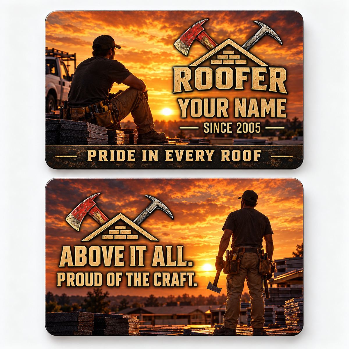 Front and reverse views of the Roofer Sunset Workday aluminum wallet card, showing its trade-themed printed artwork.