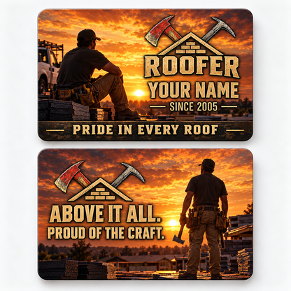 Front and reverse views of the Roofer Sunset Workday aluminum wallet card, showing its trade-themed printed artwork.