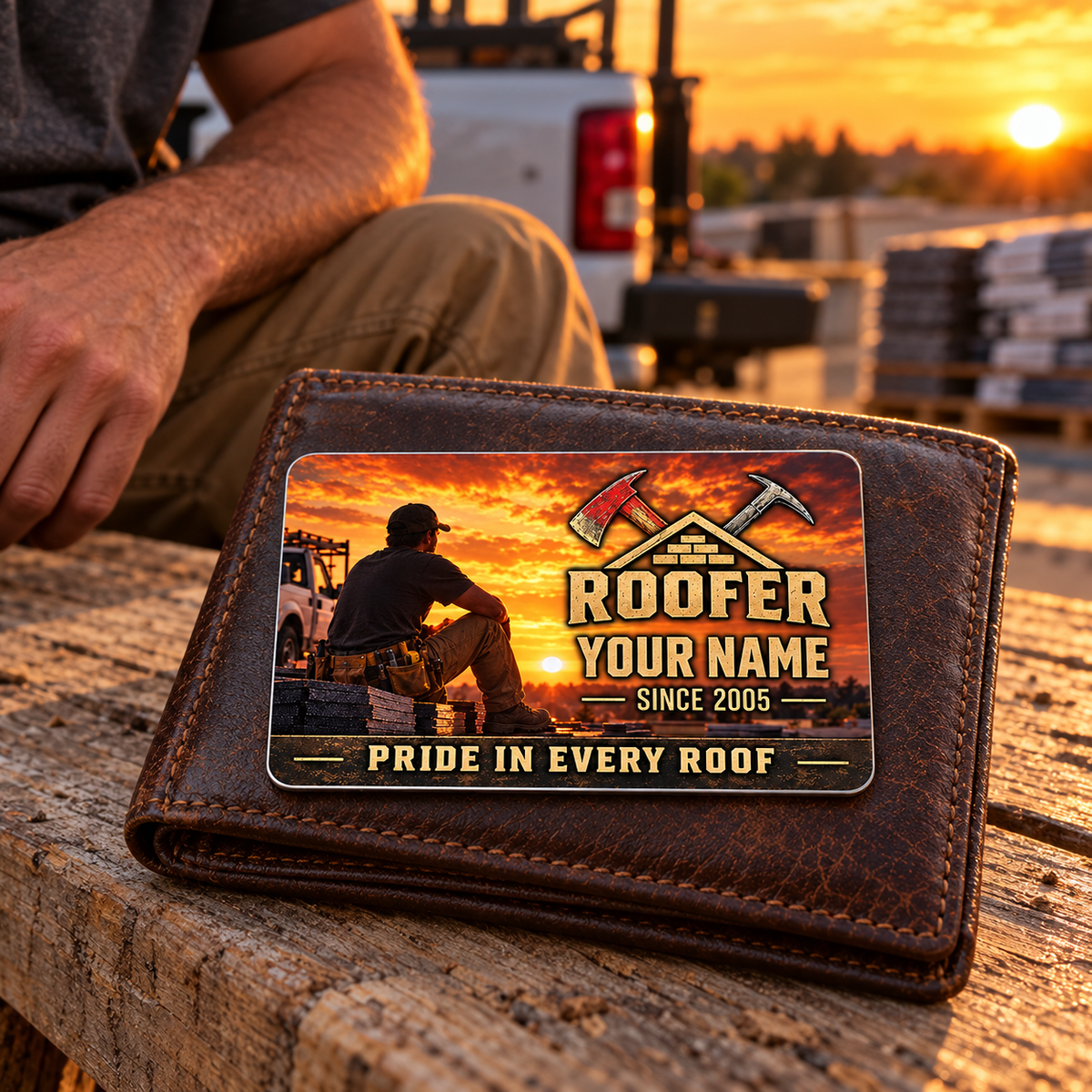The printed front of the Roofer Sunset Workday aluminum wallet card shown in an occupational lifestyle setting with an adult worker.