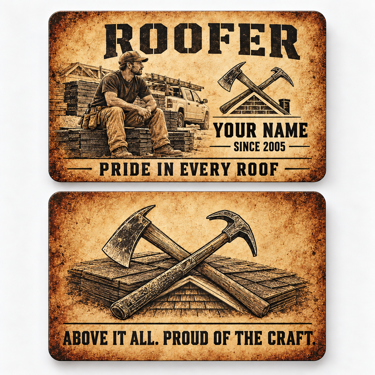 Front and reverse views of the Roofer Sepia Craft Legacy aluminum wallet card, showing its trade-themed printed artwork.