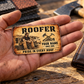 The printed front of the Roofer Sepia Craft Legacy aluminum wallet card shown in an occupational lifestyle setting with an adult worker.