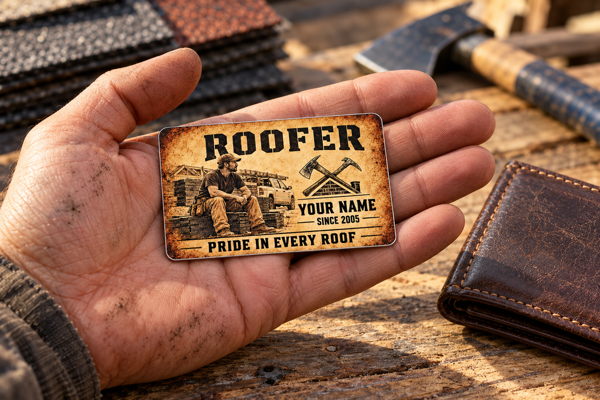 The printed front of the Roofer Sepia Craft Legacy aluminum wallet card shown in an occupational lifestyle setting with an adult worker.