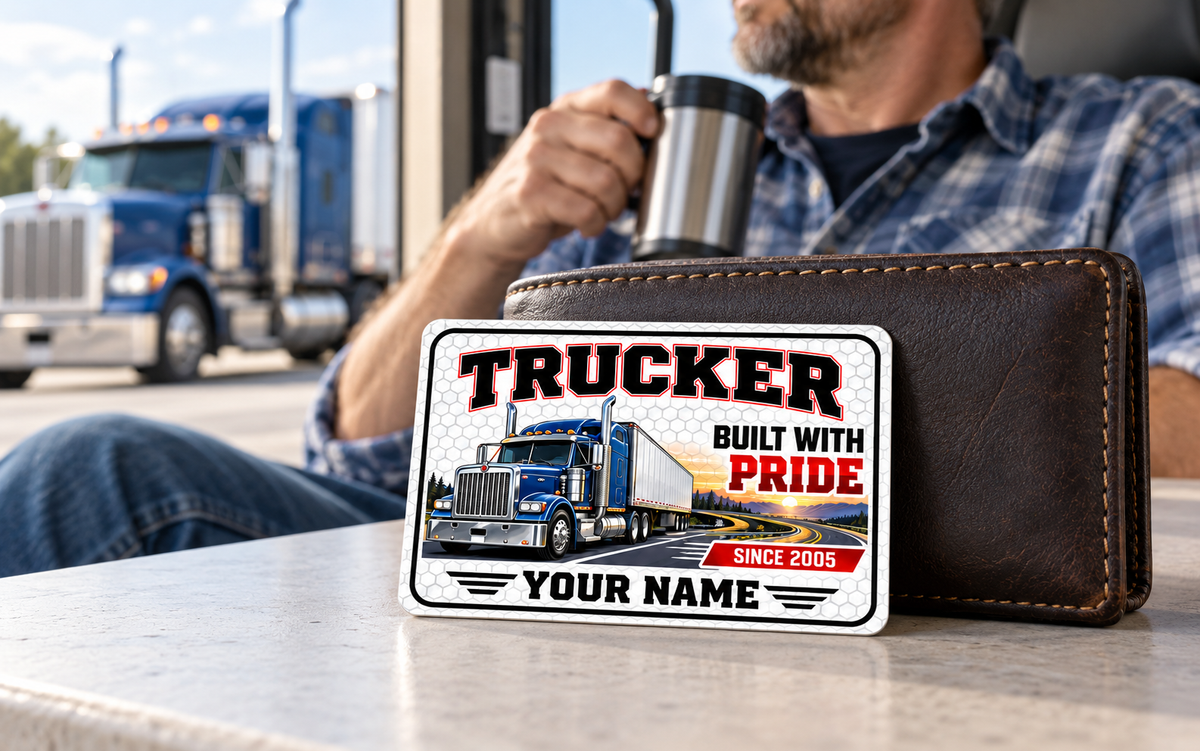 Trucker Honeycomb Pride wallet card against a closed leather wallet at a quiet truck-stop coffee break