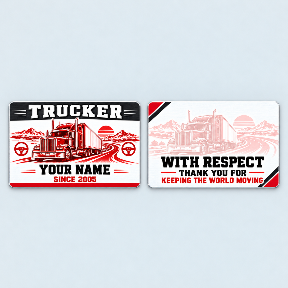 Front and reverse of the Trucker Red Monochrome aluminum wallet card
