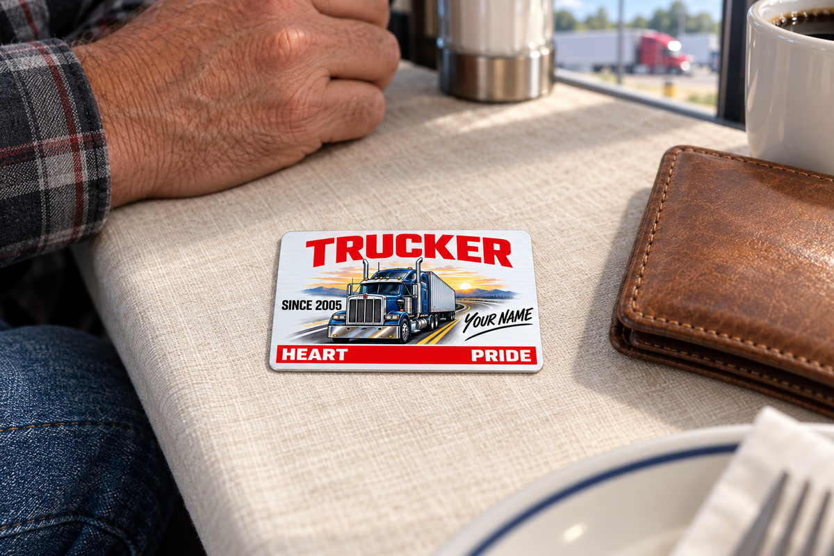 Trucker Signature Classic wallet card on linen at a truck-stop lunch table beside a closed leather wallet