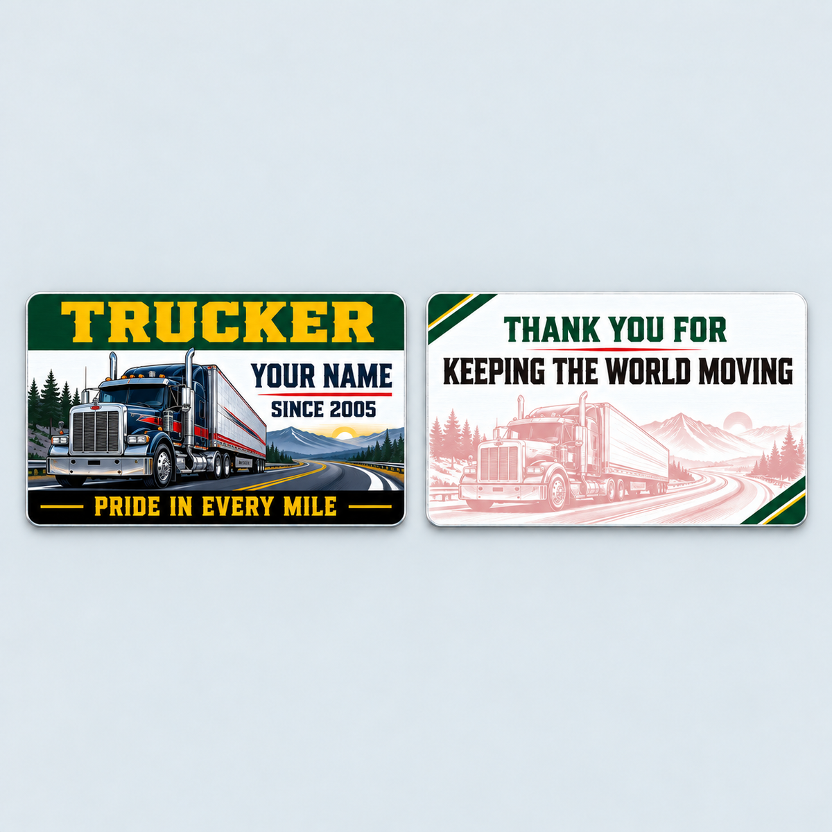 Front and reverse of the Trucker Green Band aluminum wallet card
