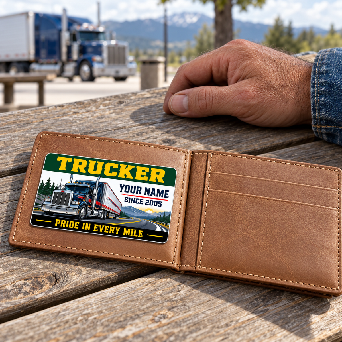 Trucker Green Band wallet card resting on one panel of an open tan wallet at a rest-stop bench