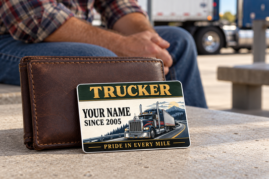 Trucker Heritage Band card leaning against a closed brown wallet on a pale rest-stop bench