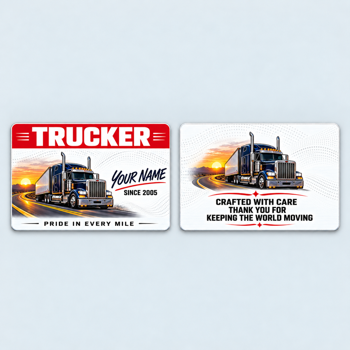 Front and reverse of the Trucker Red Header aluminum wallet card