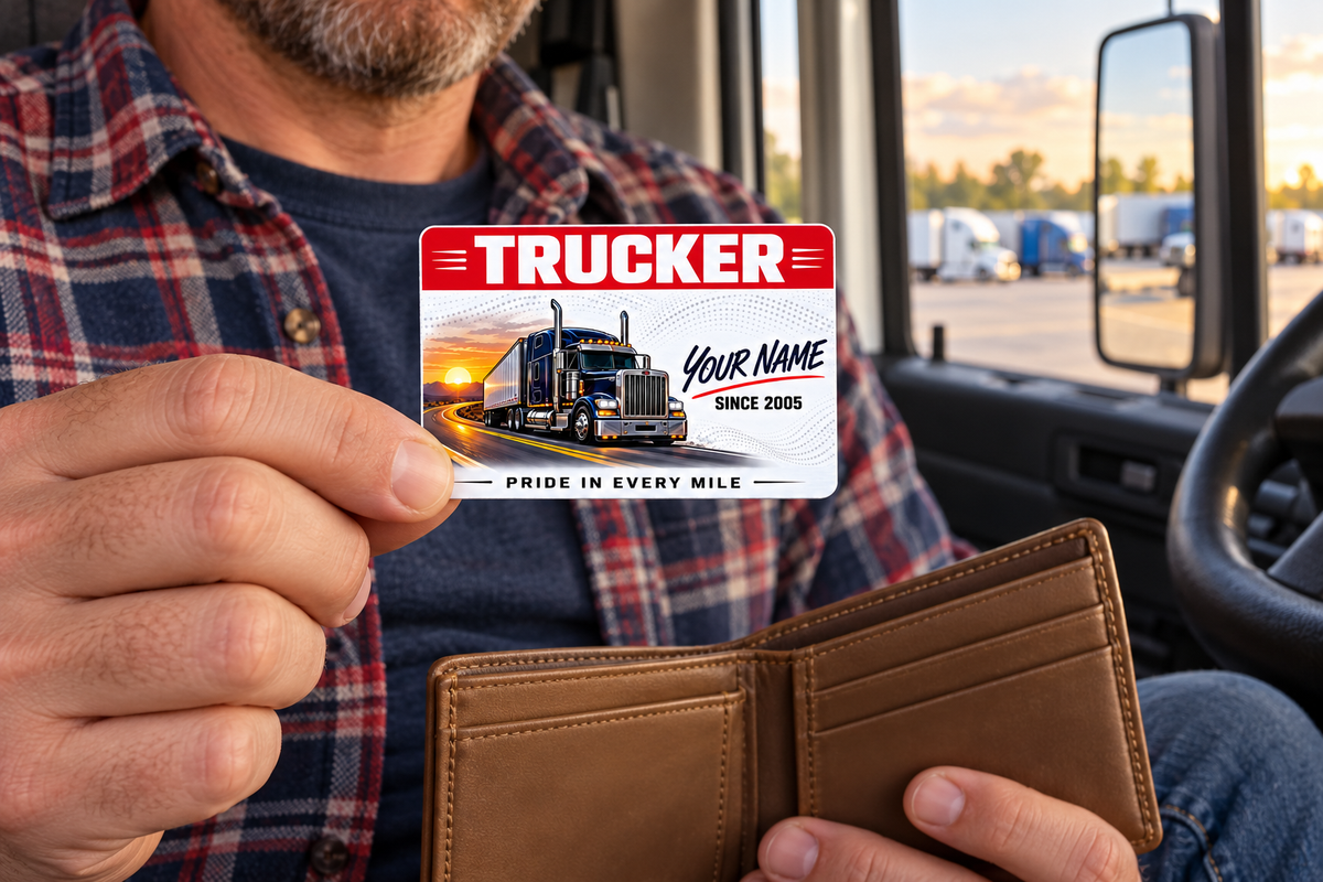 Adult trucker holding a Red Header aluminum wallet card above an open tan wallet in a parked cabin