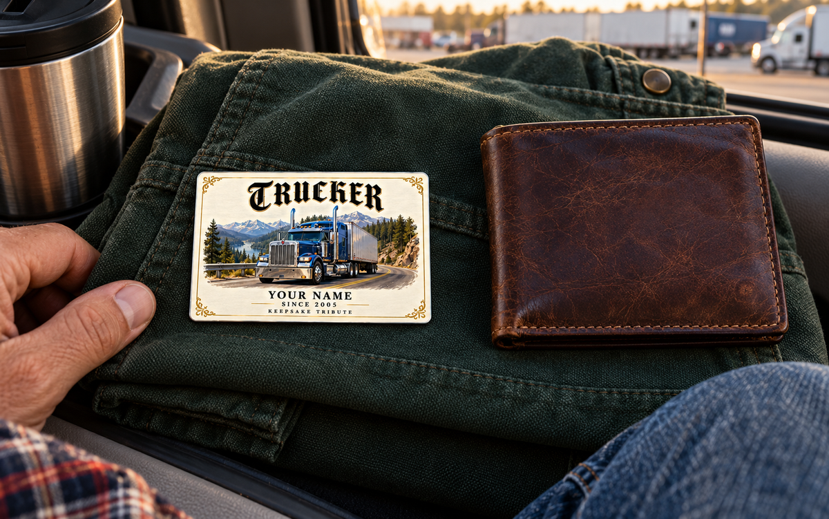 Trucker Ivory Heritage card on folded dark-green work fabric beside a closed wallet