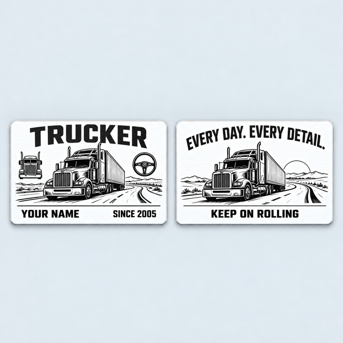 Front and reverse of the Trucker Minimal Tool Grid aluminum wallet card