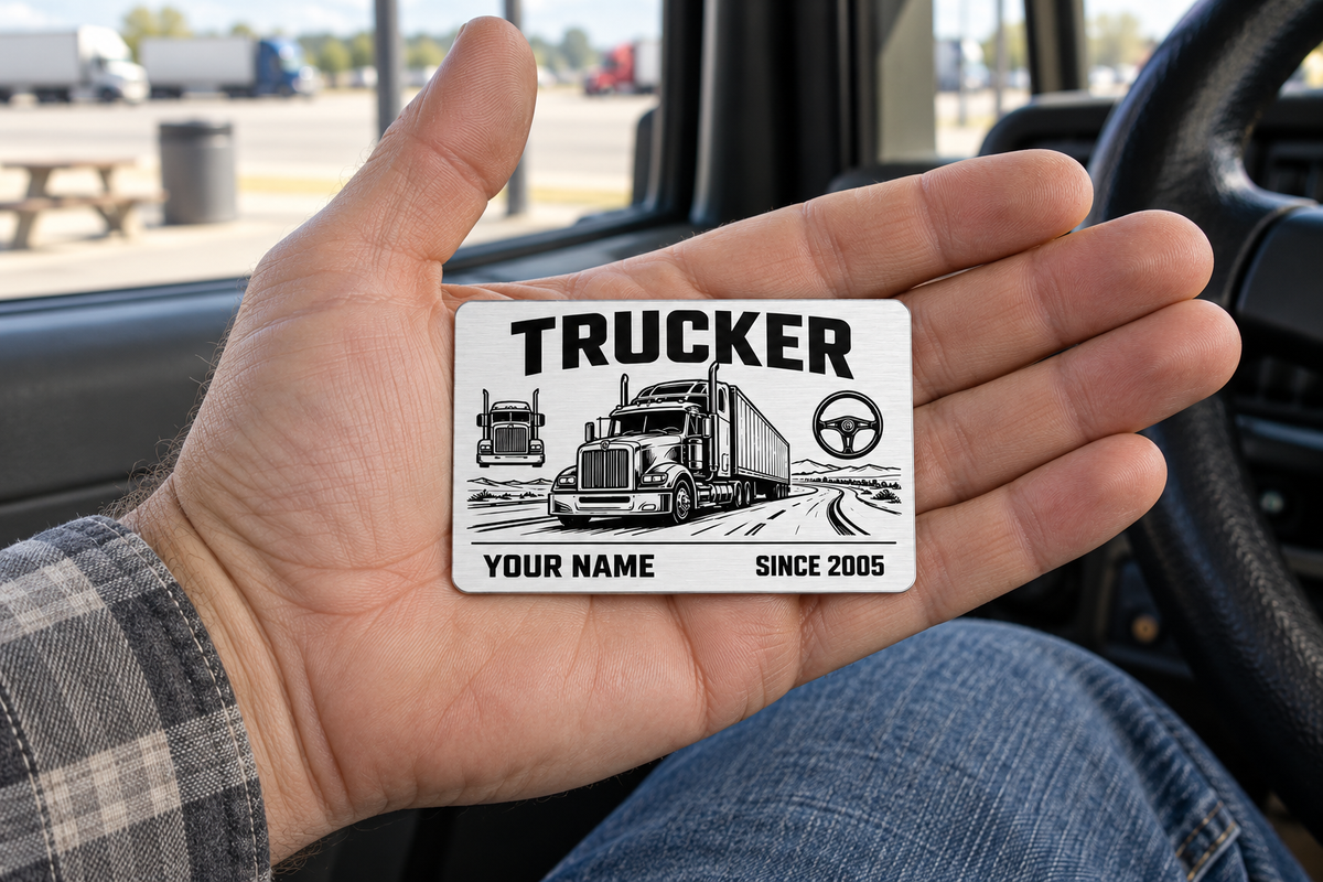 Trucker Minimal Tool Grid aluminum wallet card resting on an adult open palm inside a parked truck