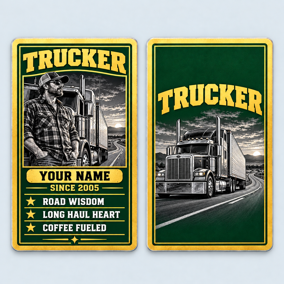 Front and reverse of the Trucker Trade Legend aluminum wallet card