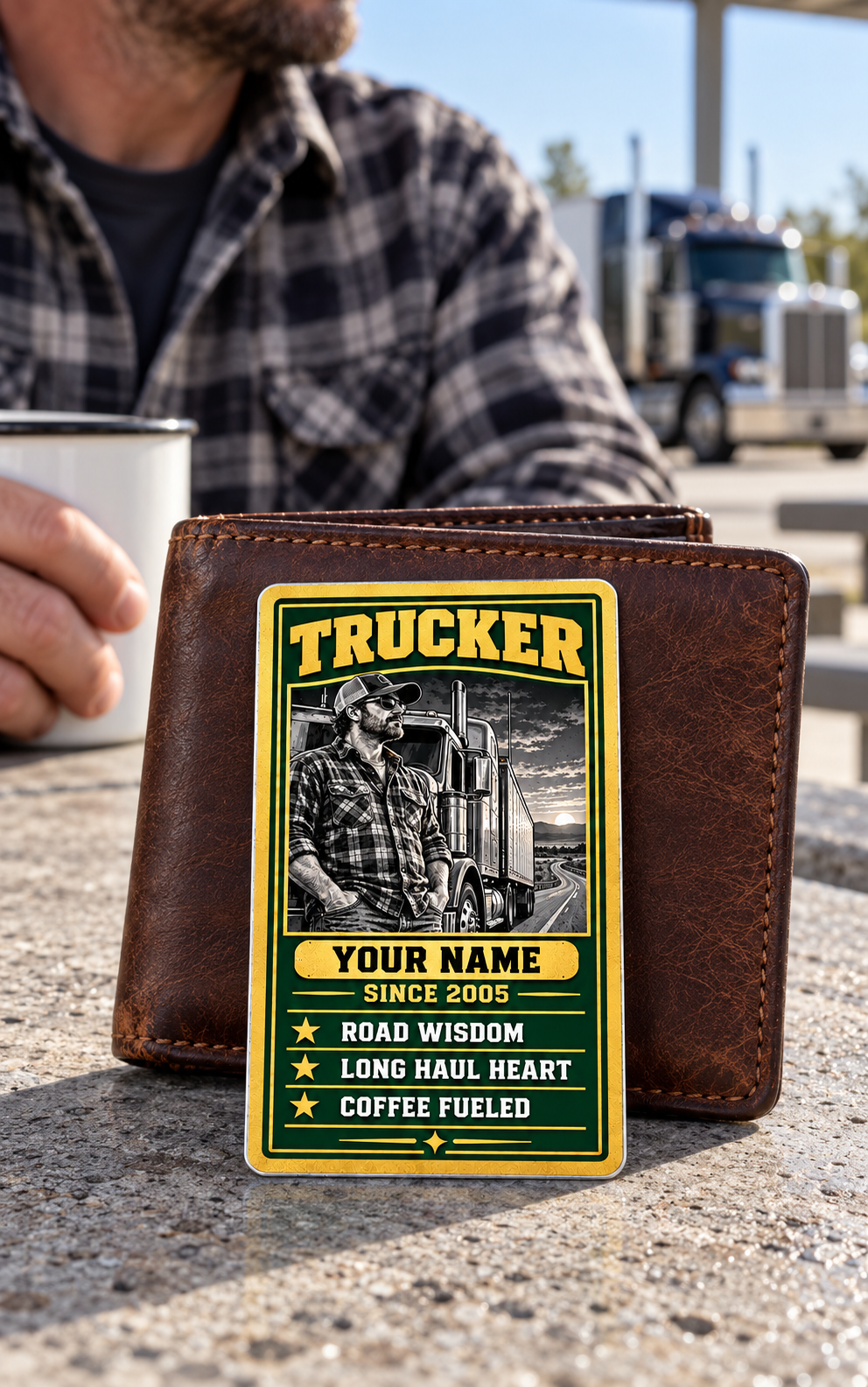 Trucker Trade Legend portrait wallet card against a closed brown wallet on a rest-stop table beside coffee and a parked truck