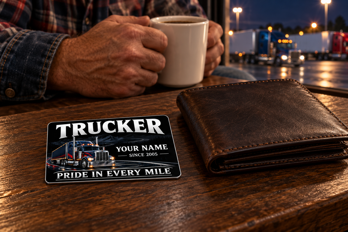 Trucker Midnight Pride wallet card beside a closed wallet during an evening truck-stop coffee break