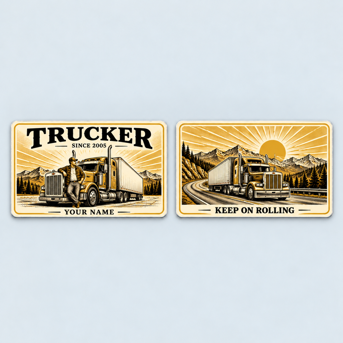 Front and reverse of the Trucker Golden Milestone aluminum wallet card