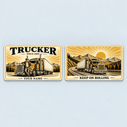 Front and reverse of the Trucker Golden Milestone aluminum wallet card