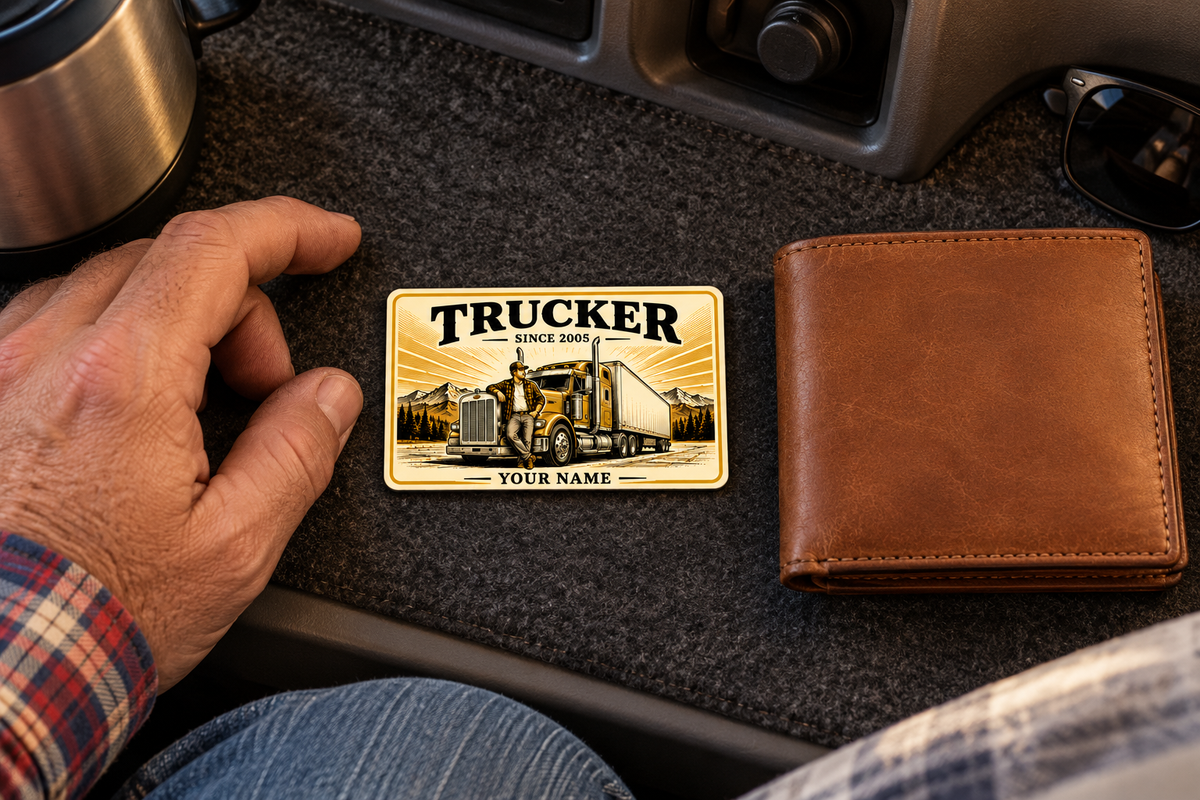 Trucker Golden Milestone wallet card on charcoal felt beside a closed tan wallet in a parked truck cabin