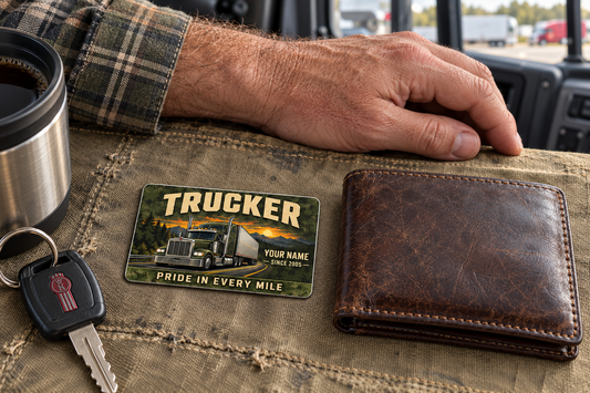 Trucker Rugged Field wallet card on canvas beside a closed wallet and resting hand inside a parked truck