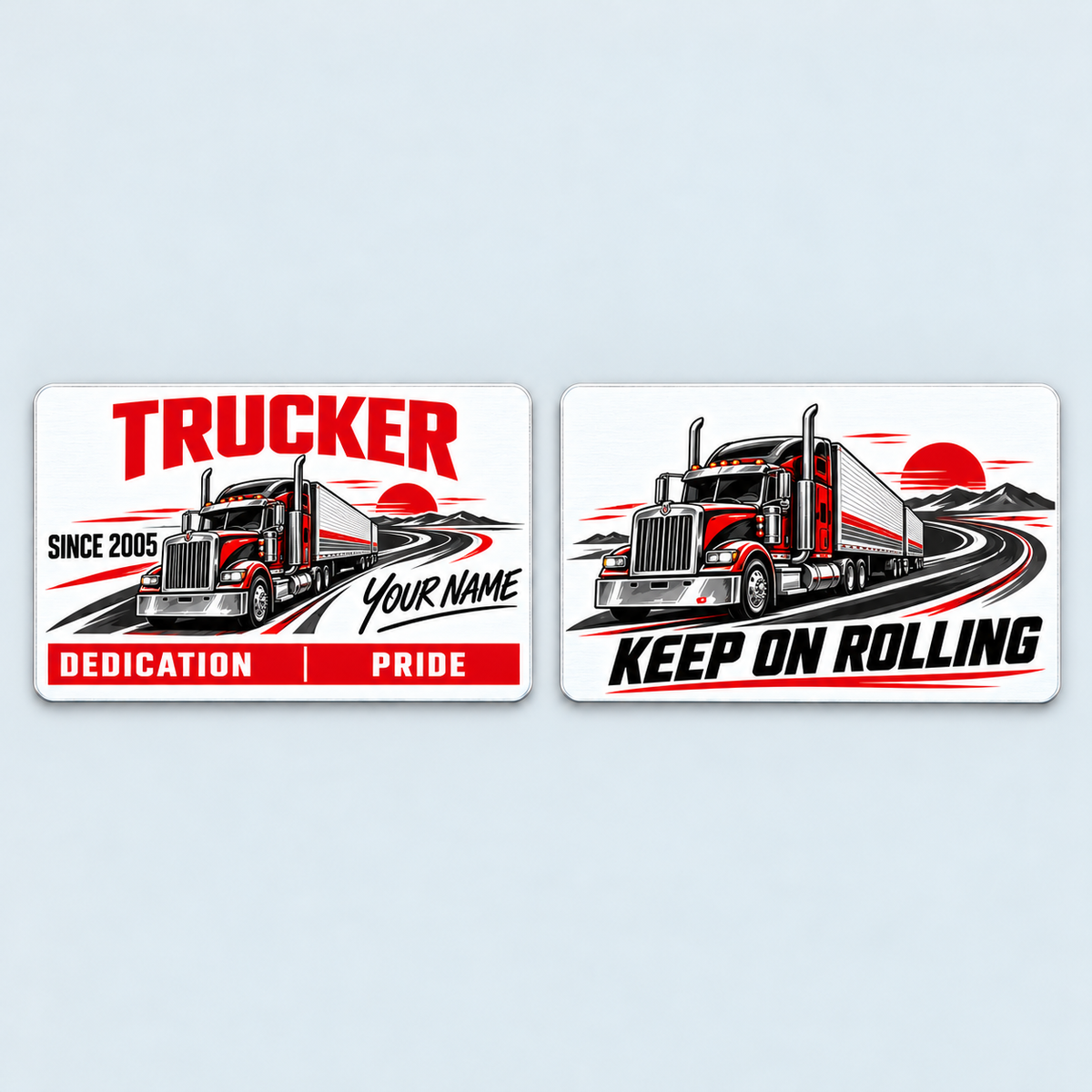 Front and reverse of the Trucker Signature Modern aluminum wallet card