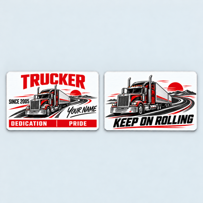 Front and reverse of the Trucker Signature Modern aluminum wallet card