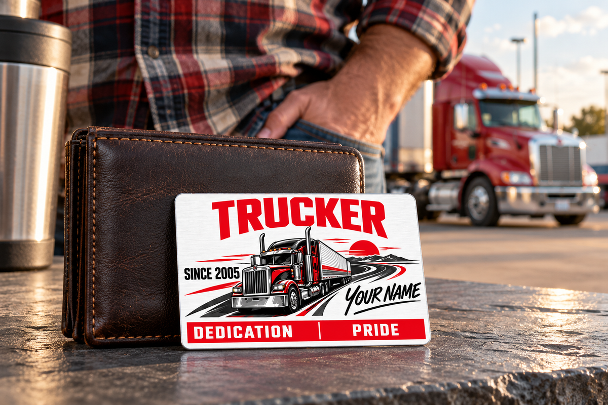 Trucker Signature Modern card leaning against a closed wallet on a slate rest-stop ledge