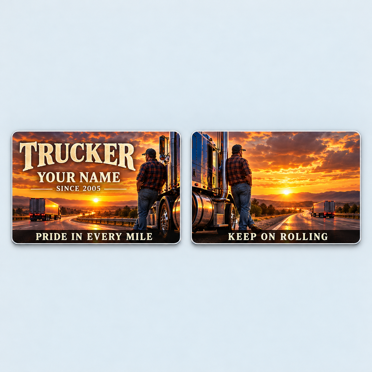 Front and reverse of the Trucker Sunset Workday aluminum wallet card