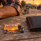 Trucker Sunset Workday card beside a closed wallet on a rest-stop table in golden evening light