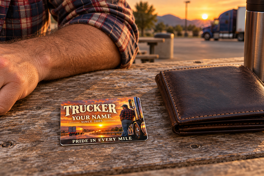 Trucker Sunset Workday card beside a closed wallet on a rest-stop table in golden evening light