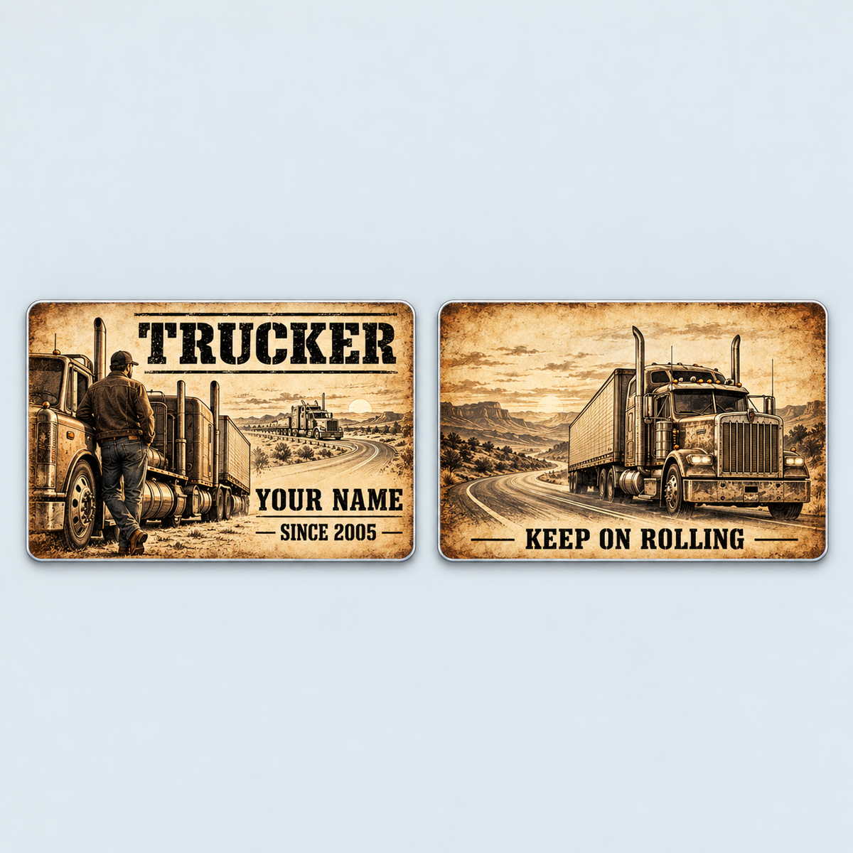 Front and reverse of the Trucker Sepia Legacy aluminum wallet card