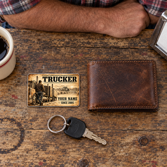 Trucker Sepia Legacy wallet card on a worn wooden break table beside a closed wallet and truck key