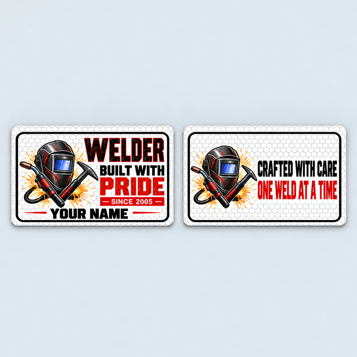 Front and reverse of the Welder Honeycomb Pride aluminum wallet card