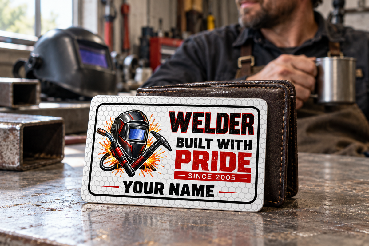 Welder Honeycomb Pride wallet card in a quiet metal fabrication workshop with inactive welding hood and steel bench break scene