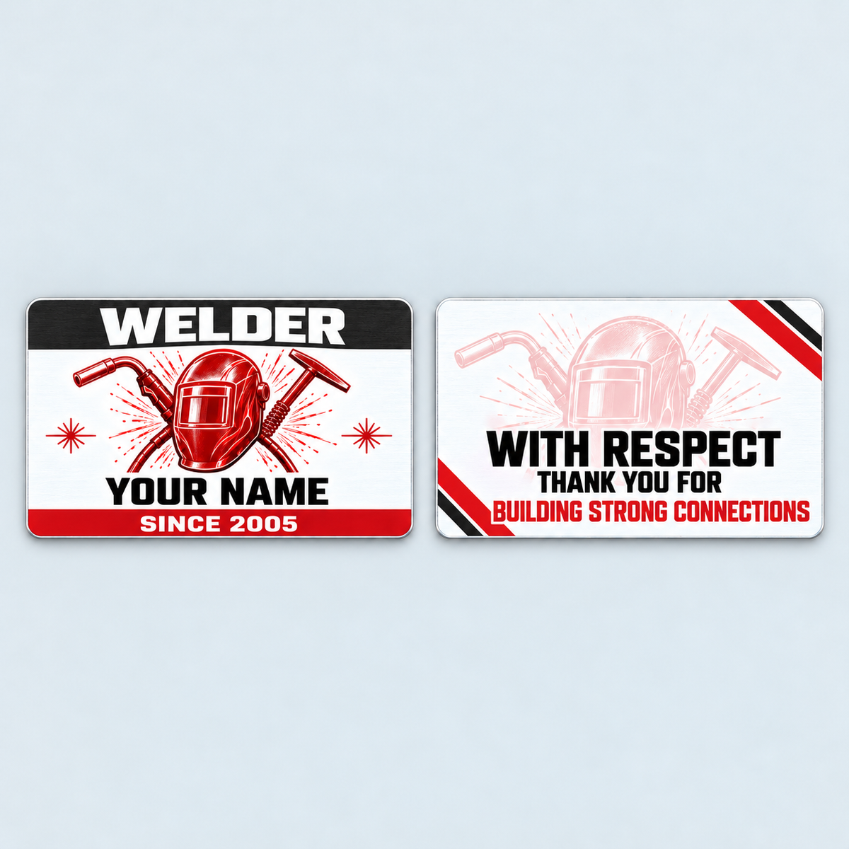 Front and reverse of the Welder Red Monochrome aluminum wallet card