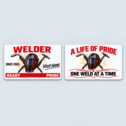 Front and reverse of the Welder Signature Classic aluminum wallet card