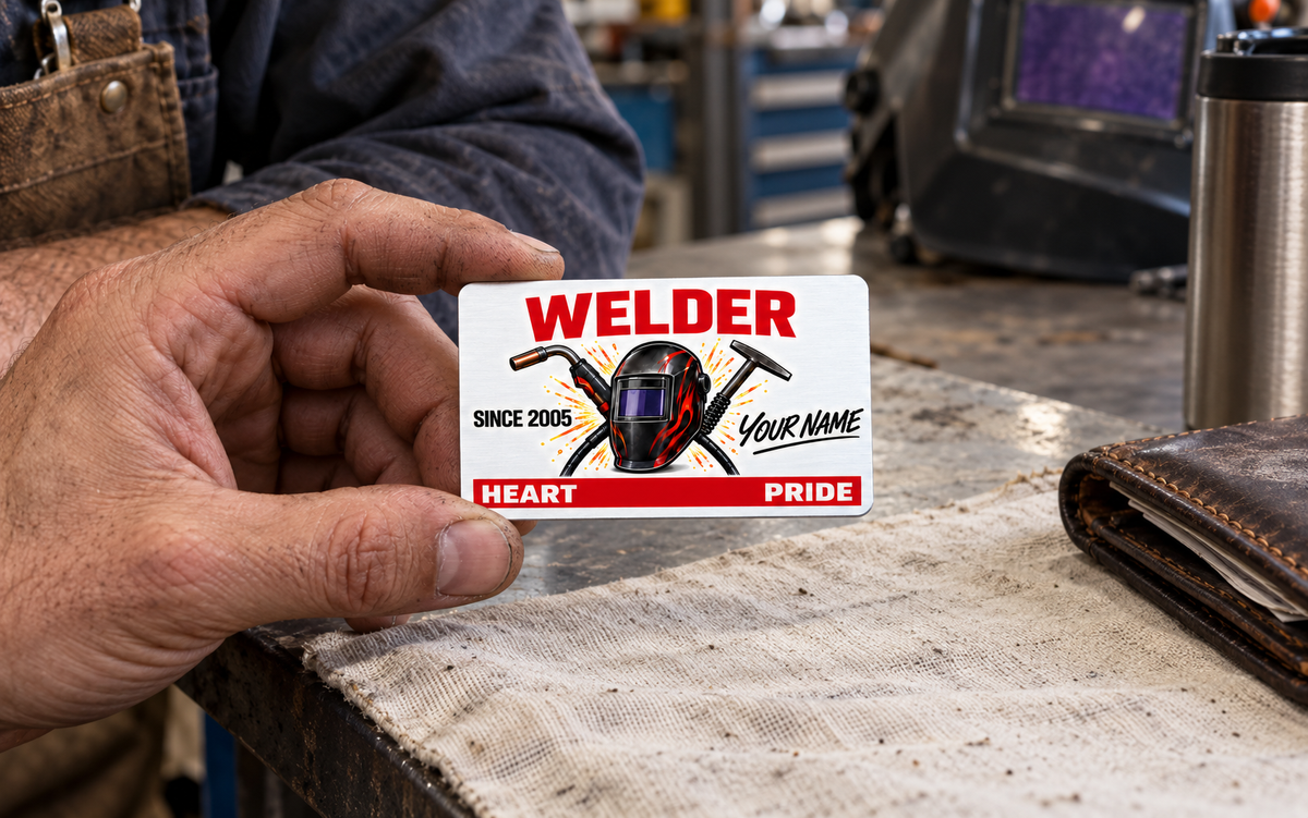 Adult welder holds the Signature Classic wallet card over a linen-covered workshop bench